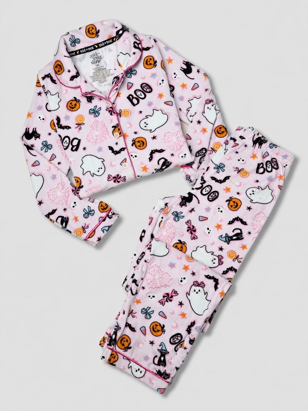 Girls' Pink Halloween Ghost Fleece Pajama Set - Cozy Top & Pants